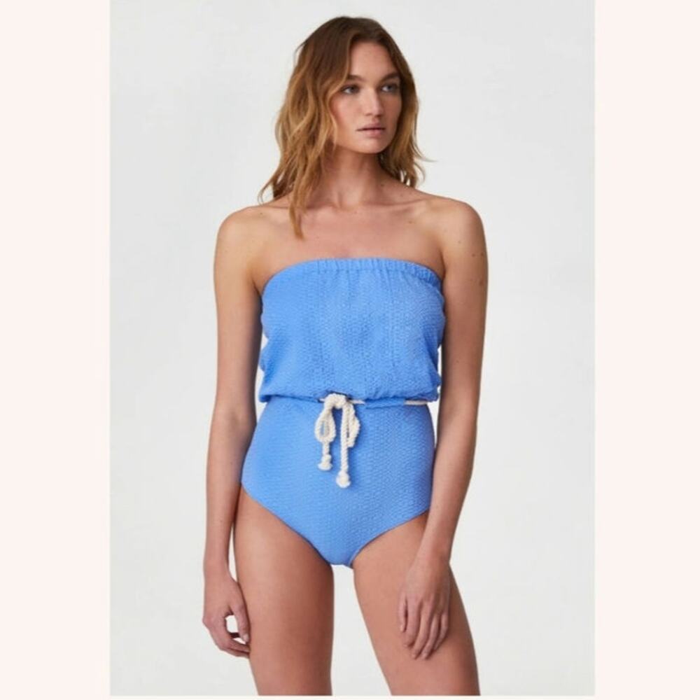 Lisa Marie Fernandez Victor drawstring Maillot in Azure Seersucker Size: 3